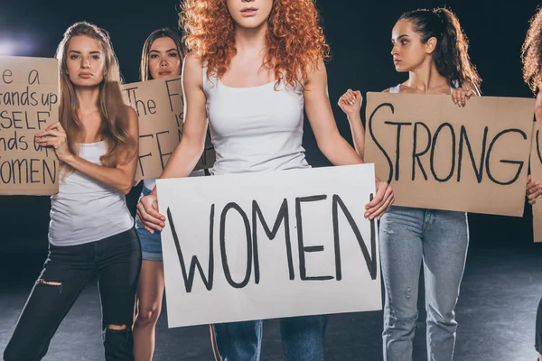 Young Women Standing Holding Placards Lettering Black — Stock Photo, Image