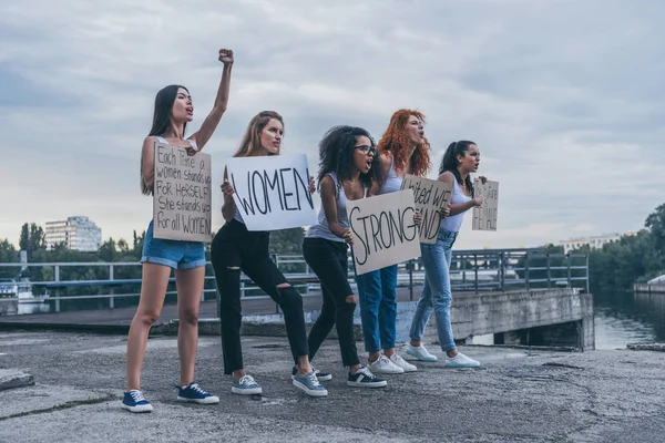 Συναισθηματικά Πολυπολιτισμικά Κορίτσια Που Κρατούν Πλακάτ Και Ουρλιάζουν Έξω — Φωτογραφία Αρχείου