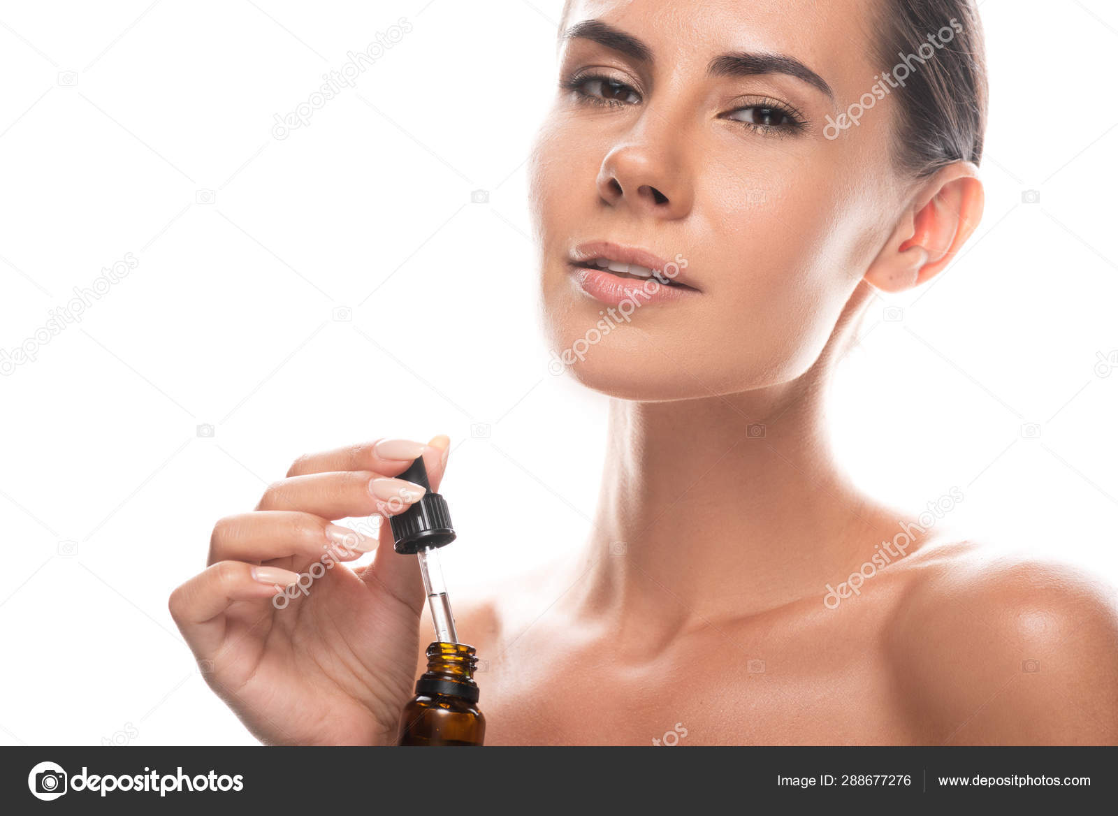 Attractive Nude Young Woman Holding Serum Isolated White Stock Photo by