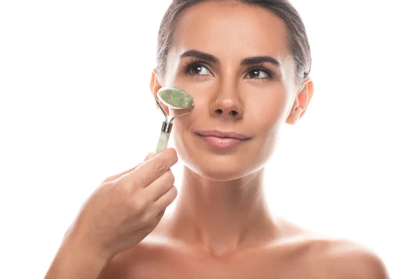 Naked Young Woman Using Facial Jade Roller Isolated White — Stock Photo, Image