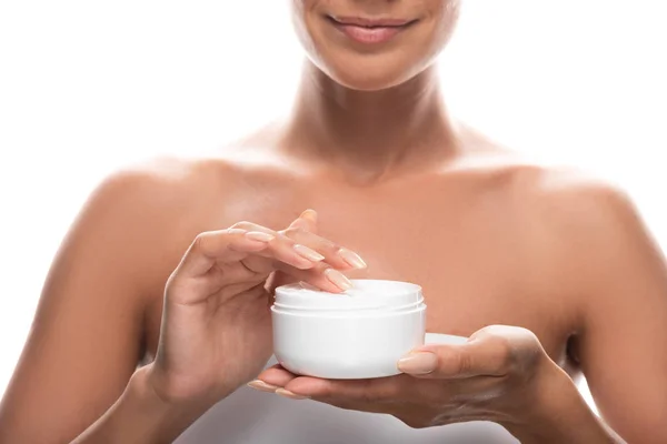 Cropped View Smiling Young Woman Holding Cosmetic Cream Isolated White — Stock Photo, Image