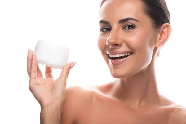 Laughing Nude Young Woman Holding Cosmetic Cream Isolated White — Stock Photo, Image