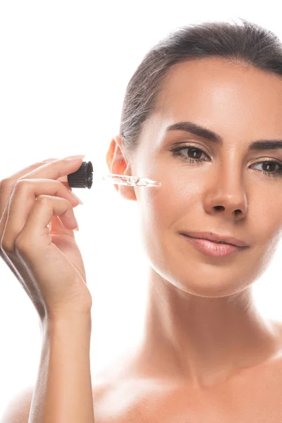 Nude Young Woman Applying Serum Face Isolated White — Stock Photo, Image