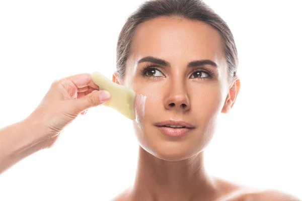 Partial View Cosmetologist Applying Face Cream Using Gua Sha Scraper — Stock Photo, Image