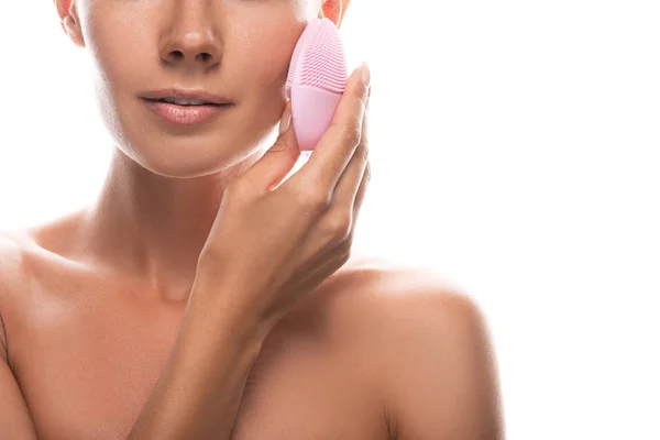 Cropped View Nude Young Woman Using Facial Cleansing Brush Isolated — Stock Photo, Image