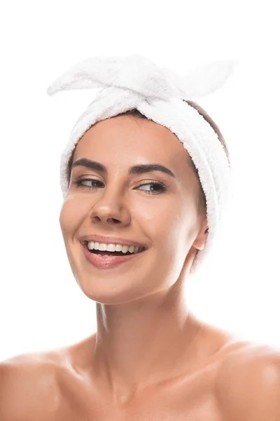 Nude Young Woman Cosmetic Hair Band Smiling Isolated White — Stock Photo, Image