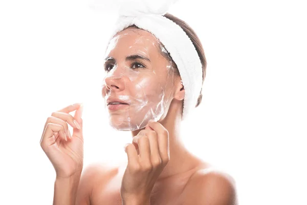 Nude Young Woman Cosmetic Hair Band Facial Mask Isolated White — Stock Photo, Image
