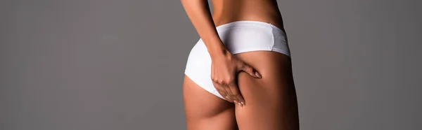 Panoramic Shot Sexy Woman White Panties Touching Buttocks Isolated Grey — Stock Photo, Image