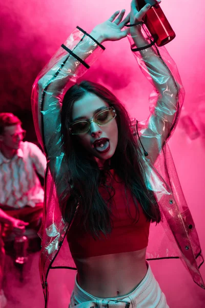 Beautiful Girl Sunglasses Lsd Tongue Dancing Nightclub — Stock Photo, Image