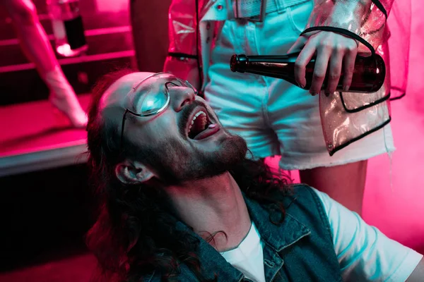 Woman Pouring Alcohol Mouth Man Sunglasses Lsd Tongue Nightclub — Stock Photo, Image