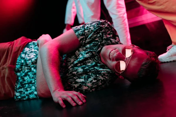 Sick Man Sunglasses Lying Floor Nightclub — Stock Photo, Image