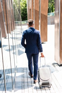 dışarıda bavul tutan takım elbiseli işadamının arka görünümü 