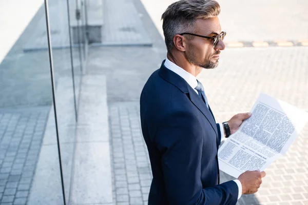 High Angle View Handsome Man Suit Glasses Holding Newspaper — Stock Photo, Image