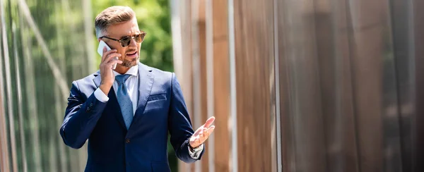 Panoramic Shot Handsome Businessman Suit Glasses Talking Smartphone — Stock Photo, Image