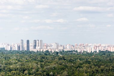 Şehir parkı, gökdelenler ve binalarda ağaçlarla şehir sahnesi 