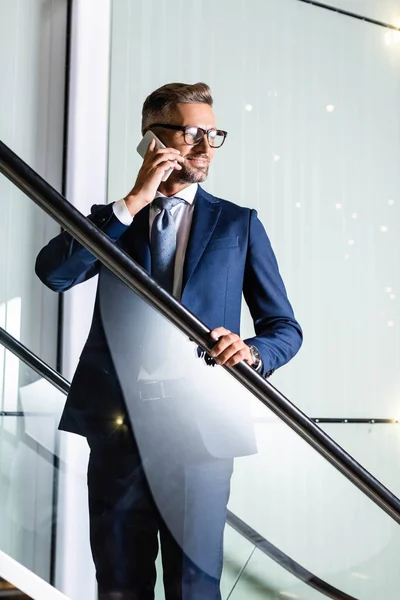 Handsome Businessman Suit Glasses Talking Smartphone — Stock Photo, Image