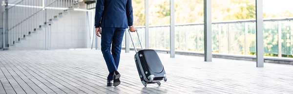 スーツケースを保持するフォーマルな着用でビジネスマンのパノラマショット — ストック写真