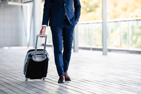 cropped view of businessman in formal wear holding suitcase 