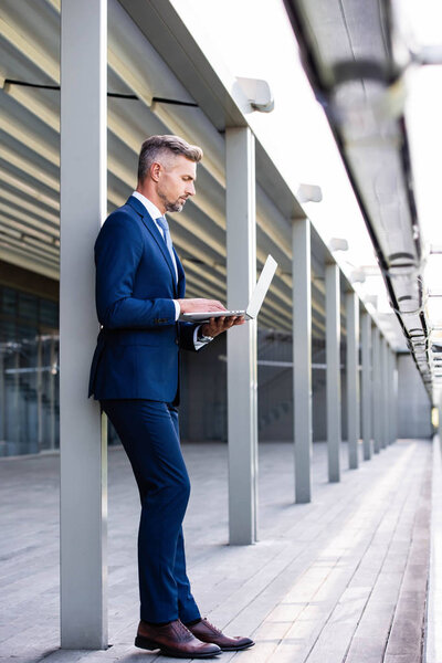 side view of handsome businessman in formal wear using laptop 