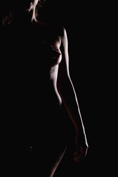 Cropped View Sexy Naked Woman Standing Covering Breasts Isolated Black — Stock Photo, Image