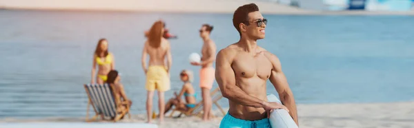 Panoramic Shot Handsome Mixed Race Man Holding Surfing Board While — Stock Photo, Image