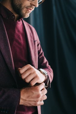 perde yakınında duran ceket ve gözlük şık genç adamın kırpılmış görünümü