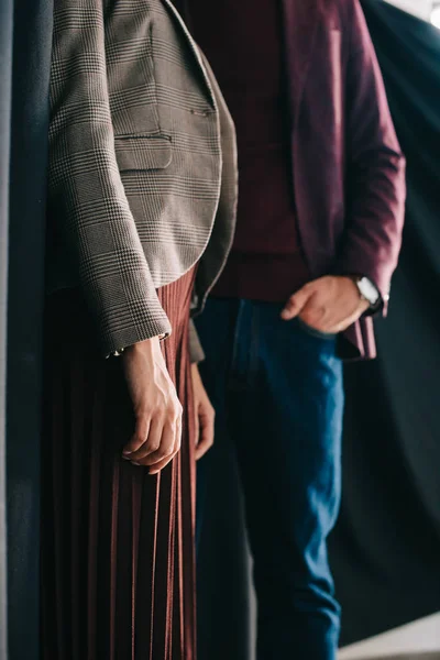 Cropped View Stylish Young Woman Man Standing Hand Pocket Curtain — Stock Photo, Image