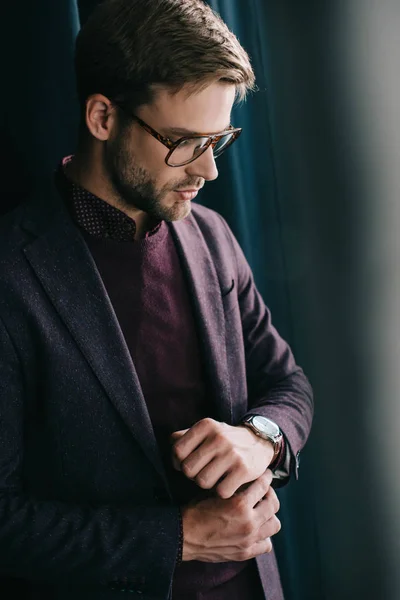 Stylish Young Man Jacket Glasses Standing Curtain — Stock Photo, Image