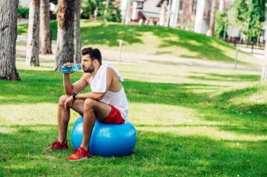 fitness topu otururken spor şişesinden su içme sakallı sporcu