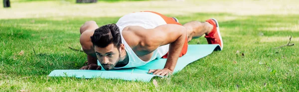 stock image panoramic shot of handsome athletic man doing push ups on fitness mat 