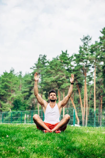 Schöner Bärtiger Mann Sitzt Gekreuzten Beinen Auf Grünem Gras — Stockfoto