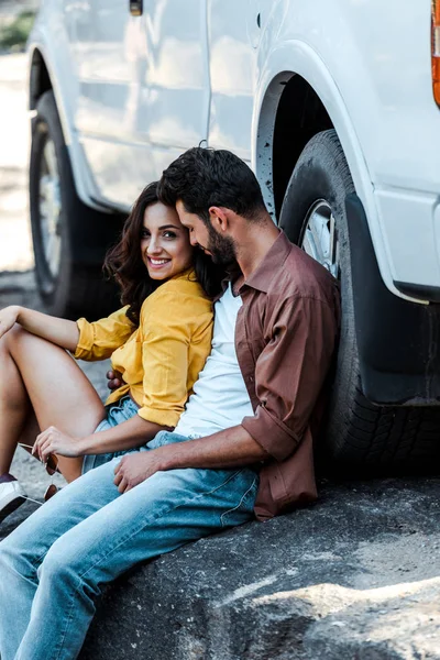 Handsome Bearded Man Closed Eyes Sitting Car Attractive Woman — Stock Photo, Image