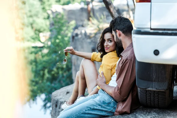 Selective Focus Bearded Man Happy Girl Holding Sunglasses Woods Car — Stock Photo, Image