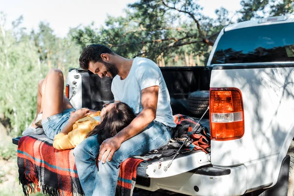 Handsome Bearded Man Smiling While Looking Cheerful Girl Lying Plaid — Stock Photo, Image