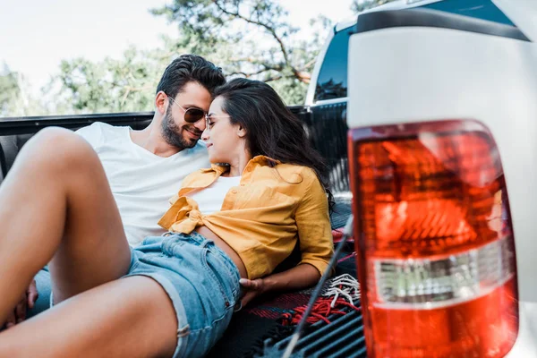 Selective Focus Bearded Man Looking Young Woman Sitting Blanket Summertime — Stock Photo, Image