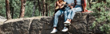 ormanda kadın yakınında akustik gitar çalan adamın panoramik görüntüsü 