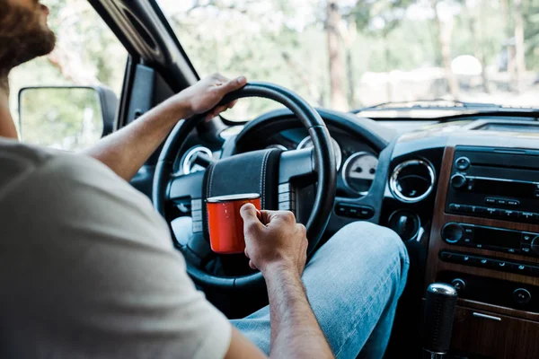 Cropped View Bearded Man Holding Cup Touching Steering Wheel — Stock Photo, Image
