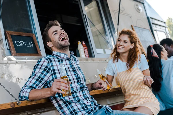 Selective Focus Happy Man Laughing Girl Multicultural People Food Truck — Stock Photo, Image