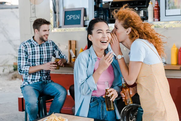 Selective Focus Redhead Girl Whispering Ear Happy Woman Laughing Multicultural — Stock Photo, Image