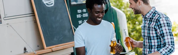 Panoramic Shot Happy Multicultural Men Holding Bottles Beer Food Truck — Stock Photo, Image