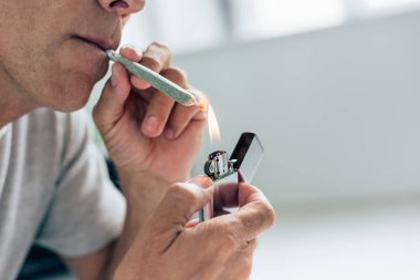 cropped view of man lighting up blunt with medical cannabis clipart