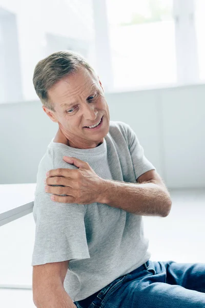 Handsome Man Shirt Feeling Pain Shoulder Apartment — Stock Photo, Image