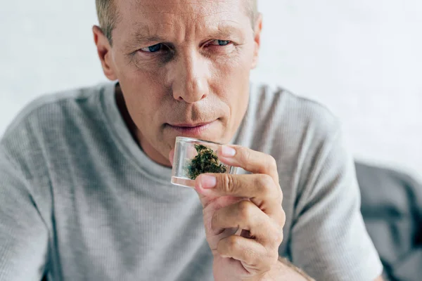 Handsome Man Shirt Smelling Medical Cannabis Apartment — Stock Photo, Image