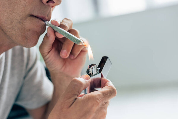 cropped view of man lighting up blunt with medical cannabis