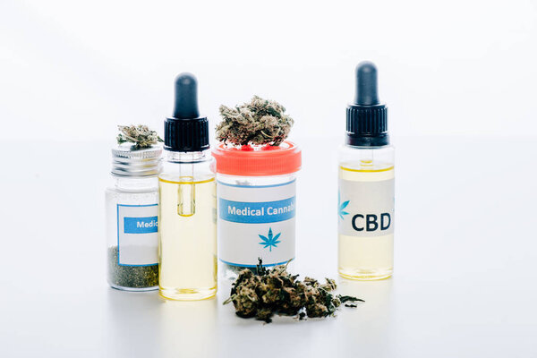 масло конопли в бутылках с надписью CBD и медицинской каннабиса на белом фоне
 