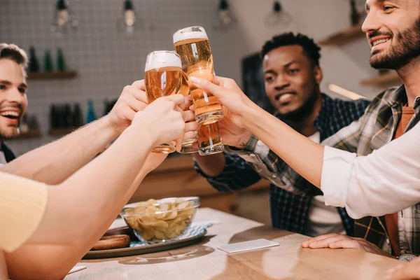 Partial View Cheerful Multicultural Friends Clinking Glasses Lager Beer Pub — Stock Photo, Image