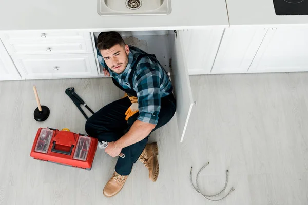 Top View Bearded Handyman Sitting Floor Toolbox — Stock Photo, Image