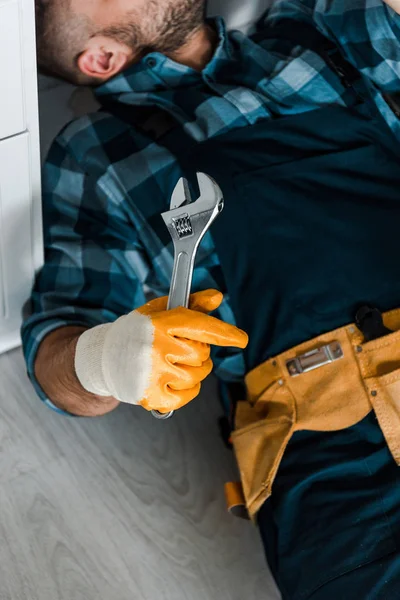 Cropped View Bearded Worker Holding Adjustable Wrench While Working Kitchen — Stock Photo, Image