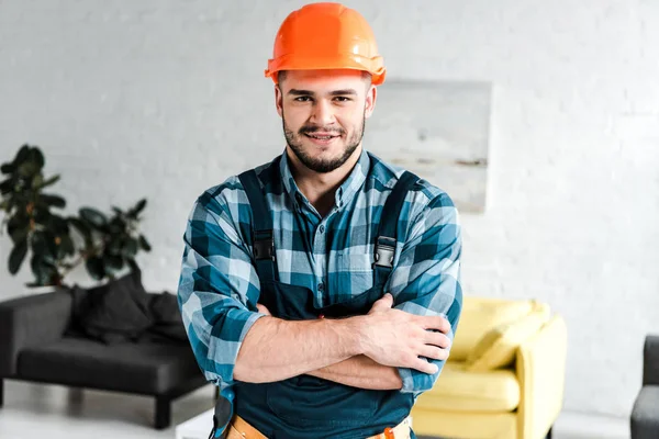 Cheerful Worker Safety Helmet Looking Camera While Standing Crossed Arms — Stock Photo, Image