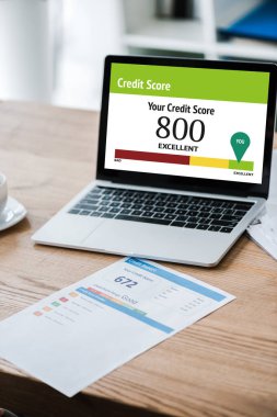 laptop with your credit score letters on screen near paper with credit report on desk  clipart